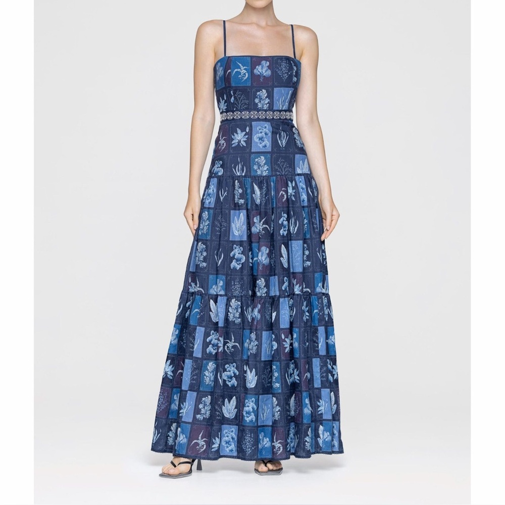 NWT Agua Bendita Lima Algae Maxi Dress Gown Floral Print Blue Grid Check XS